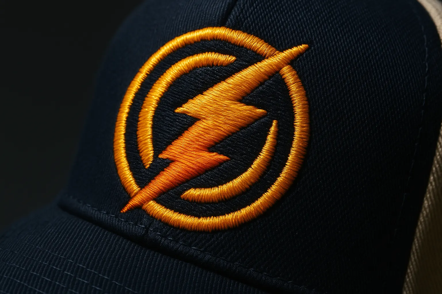 Close-up of finished satin-stitch embroidery on cap twill